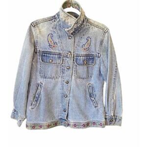 Jean Jacket Womens Medium Vintage Denim Country Western Paisley Embroidered